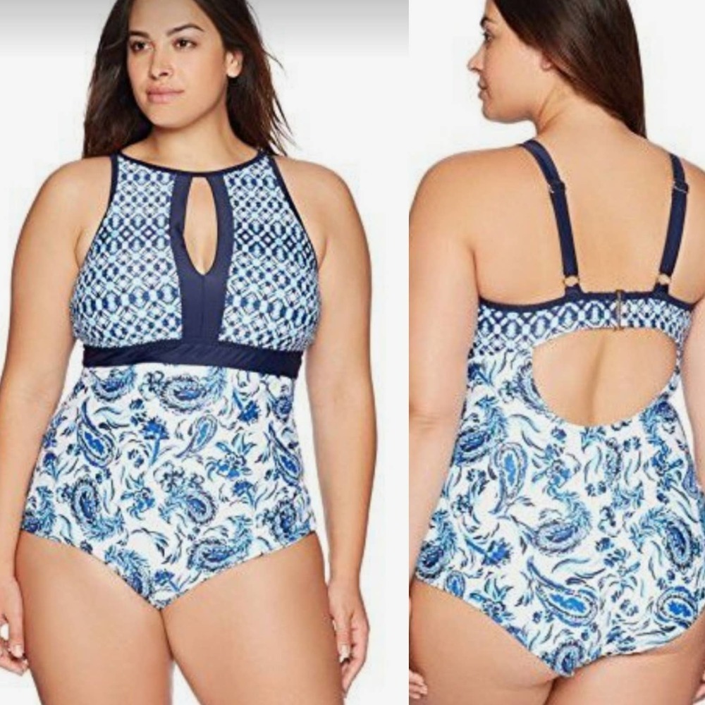 NWOT‎ Coastal Blue One Piece Swimsuit 2X Plus Blue White Ikat Paisley